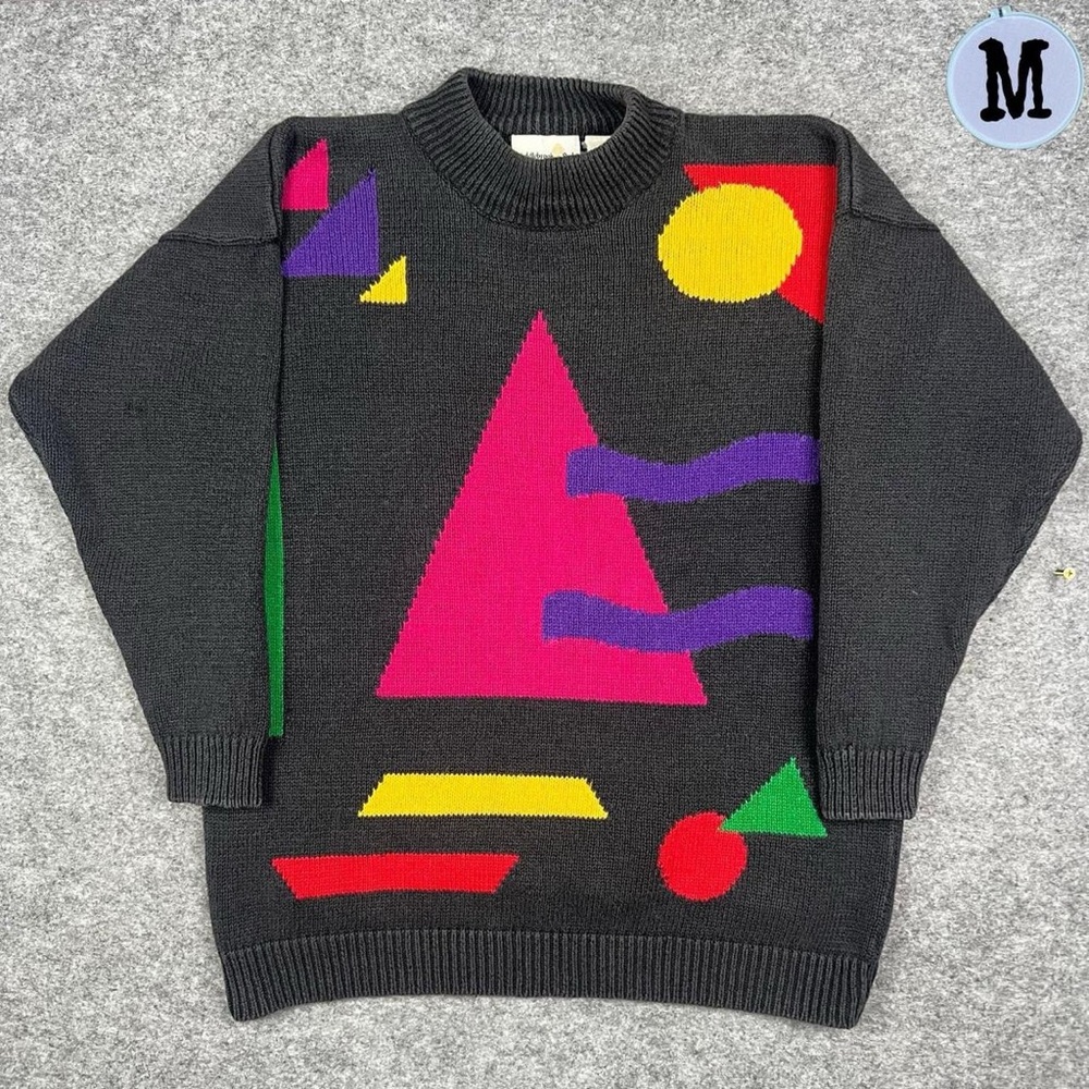 Black Geometric Pattern Crewneck Sweater with Pink Triangle